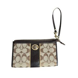 Coach Signature Canvas Wristlet Brown Logo‎ Zip Pouch with Leather Trim